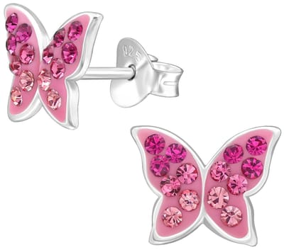 Joy|S - Zilveren vlinder oorbellen - 9 x 7 mm - roze kristalletjes - kinderoorbellen