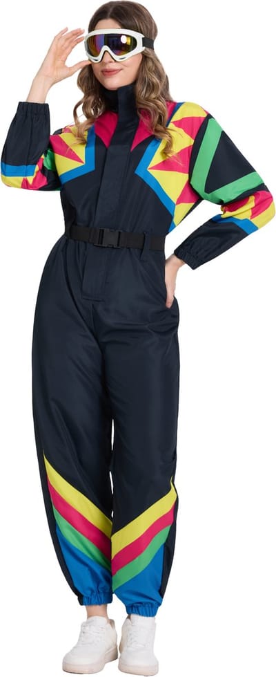 Joya Party® Retro Skipak Zwart Dames | Carnavalskleding | Verkleedkleren | Vintage Ski Pak Carnaval | Jaren 80/90 Verkleedpak Volwassenen | Foute Skipakken | Compleet met Skibril & Riem | Warm One Piece Kostuum | Verkleedkleding Vrouw | Maat S/M