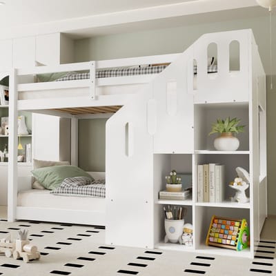 OKWISH Stapelbed 90x200 cm – Kinderbed Met Opbergtrap En Sluitvakjes – Twee Slaapplaatsen – Met Veiligheidshek – Massief Hout En MDF – Zonder Matras – Wit