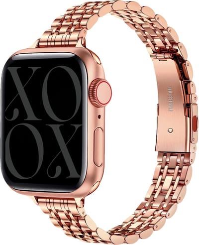 xoxo Wildhearts Smalle stalen band - Geschikt voor Apple Watch bandje - Series 1/2/3/4/5/6/7/8/9/10/11/12/SE - Maat: 38 mm / 40 mm / 41 mm / 42 mm - RVS metalen schakelbandje met vlindersluiting - iWatch slim steel strap - Horlogeband - Rosé goud