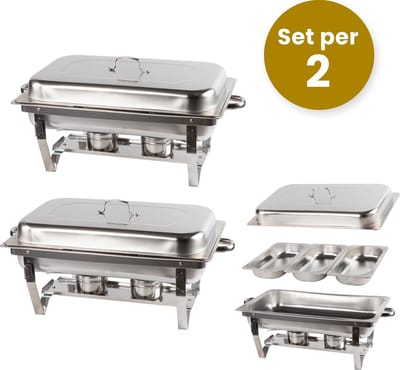 Alora Chafing Dish chrome 3 bakken per 2 - voedsel verwamer - voedsel warmhouden - met deksel - buffetwarmer - roestvrij staal - chrome - warmhoudplaat - bain maria - warmhoudbakken - Warmhoudschalen