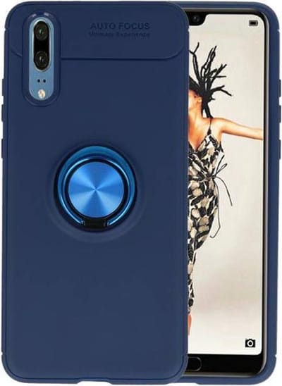 Softcase Telefoonhoesje - Geschikt voor Huawei P20 Hoesje met Ring Houder Navy