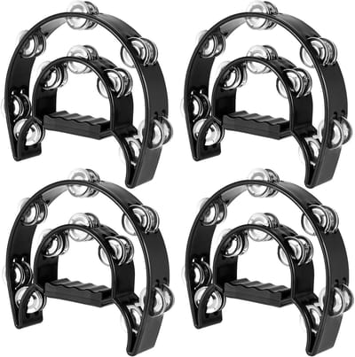 Set van 4 Halve Maan Tambourines van Kunststof met Dubbele Rijen Metaalbelletjes, Ideaal voor Muzieklessen en Groepsactiviteiten