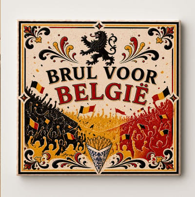 Vintage keramische wandtegel “Brul voor België” – Belgische voetbal supporters stadion menigte kunstwerk – retro sport wanddecoratie keramische tegel cadeau voor huis & mancave