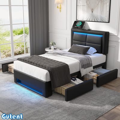 Gutent Eenpersoonsbed-90x190 cm-Met USB-poort-Met LED-verlichting-Vier laden-Geen matras-PU-Zwart
