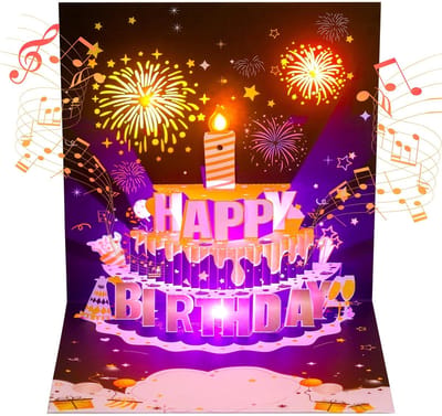 Dailygoods- Verjaardagskaarten met muziek - Pop-up Kaart - 3D Vuurwerk - Gouden Envelop - Cijferkaarten 0-9 - Compleet met Enveloppen - Muziekkaart