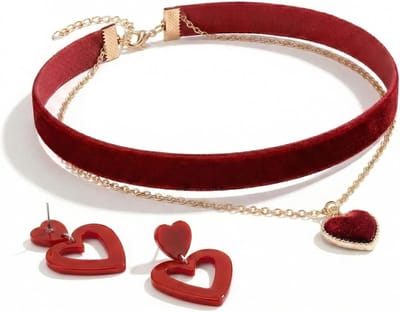 Verstelbare fluwelen halsband en oorbellen met hartvormige hanger, ideaal voor Valentijnsdag, feestelijke gelegenheden en stijlvolle outfits