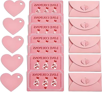 DIY Set met 5 Scratchless Liefdescoupons in Roze met Hartjes en Enveloppen, Perfect voor Valentijnsdag, Verjaardag of Bruiloft