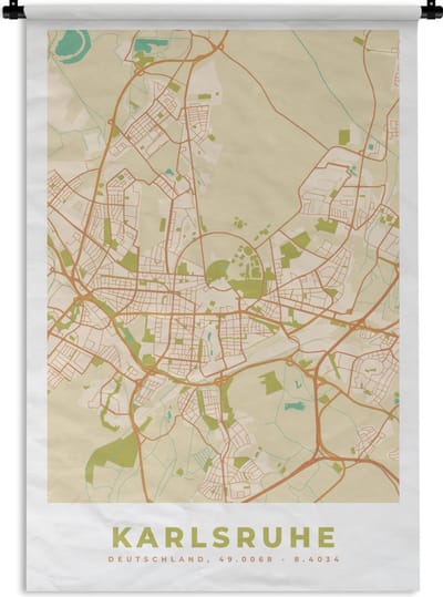 Wandkleed - Wanddoek - Plattegrond - Karlsruhe - Vintage - Kaart - Stadskaart - 120x180 cm - Wandtapijt