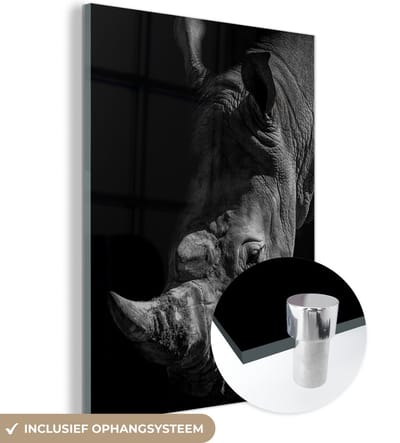 MuchoWow® Glasschilderij 120x160 cm - Schilderij acrylglas - Neushoorn - Wild dier - Portret - Foto op glas - Schilderijen