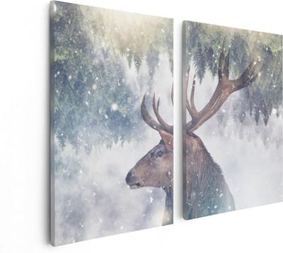 Artaza Canvas Schilderij Tweeluik Hertenkop - Hert Op Een Bomen Achtergrond - 80x60 - Foto Op Canvas - Canvas Print