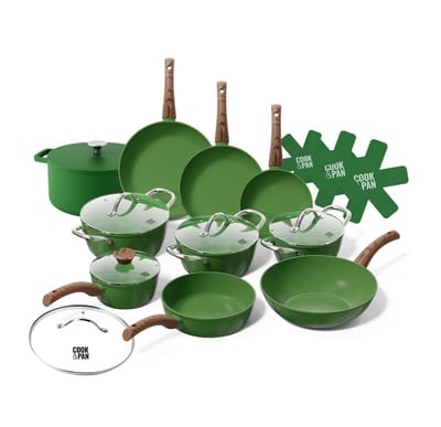 Cook & Pan 12-Delige Pannenset Groen - PFAS vrij - Alle Warmtebronnen - Pannen Set met 7 jaar Garantie - Krasbestendige Anti Aanbaklaag - Vaatwasserbestendig - Koekenpan, Wokpan, Steelpan, Hapjespan, Kookpot, Gietijzeren Braadpan, Pannenbeschermers