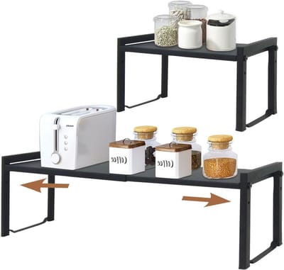 Uitbreidbaar Keukenrek van 26 inch, Stapelbaar Organiser voor Specerijen, Aanpasbaar Opbergrek voor Keuken en Kantoor, Ideaal voor Pantry en Kasten (2-Pack, Zwart, L)