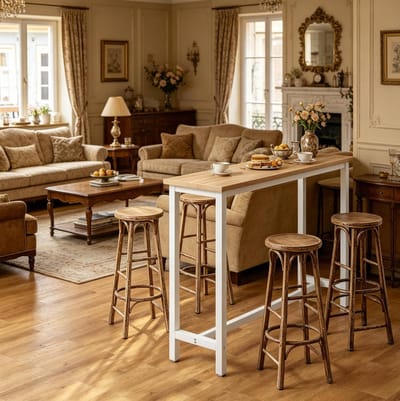 HAUSS SPOLE Bartafel - Stevige Hoge Tafel Met Verstelbare Voeten - Voor Keuken Bar En Eethoek - MDF En Metaal - 140x40x100 Cm - Wit Licht Eiken