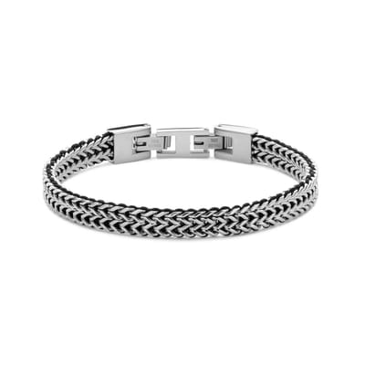 Frank 1967 7FB-0824 Heren Armband - Duo Foxtail Schakel met Zwart Touw - 7 x 3,5 mm - Zilverkleurig - Roestvrij Staal