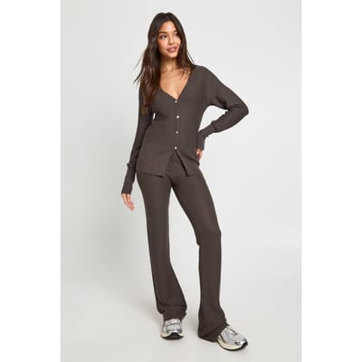 boohoo Dames Premium gebreid co-ord met geribbelde trui met getailleerde taille en wijde broek | Charcoal | Maat: Small