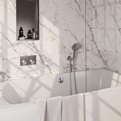 Brauer Brushed Carving Thermostatische Inbouw Badkraan Drukknoppen - Badvulcombinatie - 3 stand - Doucheslang - Wandaansluitbocht - Handdouche - Rvs Geborsteld Pvd