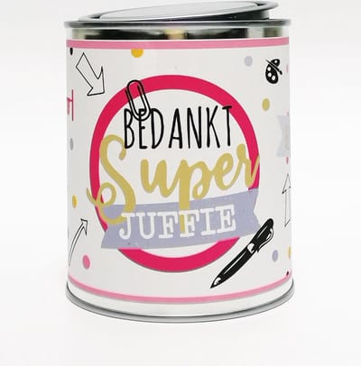 Juf bedankje - bedankt Juf cadeautje, Cadeaublik gevuld met vruchtenhartjes" Bedankt Superjuffie" einde schooljaar