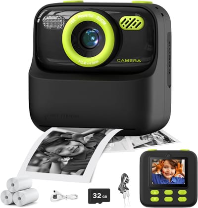 Digitale camera – Digitale camera voor kinderen met directe printfunctie – Ontwerp met dubbele lens – Unisex – 1080P HD-camera met dubbele lens voor selfies – Inclusief printpapier & 32GB-geheugenkaart–Cadeau voor jongens en meisjes – Zwart & groen
