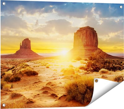 Gards Tuinposter Zonsondergang in Woestijn Monument Valley - 80x60 cm - Tuindoek - Tuindecoratie - Wanddecoratie buiten - Tuinschilderij