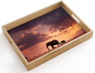 Dienblad hout 40x30 cm - Schootdienblad - Olifanten - Grasland - Zonsondergang - Borrelplank rechthoek - Plateau dienbladen