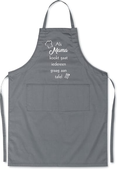 mijncadeautje - luxe schort - grijs - Als mama kookt, gaat iedereen graag aan tafel - opdruk wit