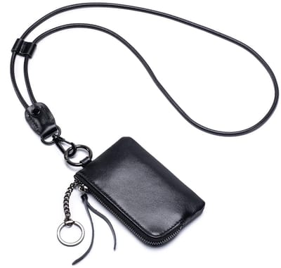 Leren Sleutel Etui & Muntportemonnee – 3-in-1 Mini Portemonnee met Rits, Pasjeshouder en Nekkoord – Leer - Zwart