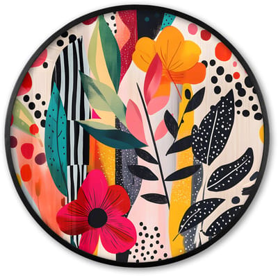 Poster in lijst Rond - Fotolijst 60x60 cm - Posters - Bloemen - Bladeren - Abstract - Kleurrijk - Ronde posterlijst zwart - Decoratie - Wanddecoratie woonkamer - Muurdecoratie slaapkamer
