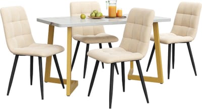Rechthoekige eettafel met 4 stoelen set Beige Fluweel Eetkamerstoel Keukentafel set Gouden tafelpoten
