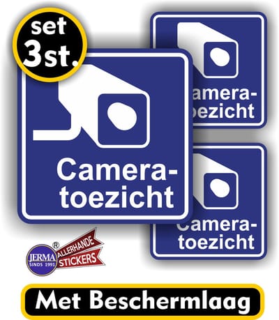 Jerma - Cameratoezicht stickers - set 3 st - 1st 15x15 - 2 st 10x10 cm - Vinyl - Verhoog de Veiligheid