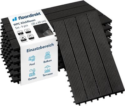 FLOORDIREKT Vlondertegel - Terrastegel - Tuintegel - WPC - Royal - Antraciet - 60 x 30 cm - 6 Stuks - 1m²
