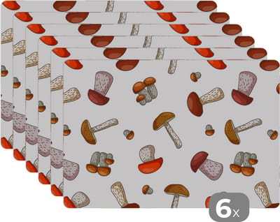 Placemat - Placemats kunststof - Paddenstoel - Patroon - Cartoon - 45x30 cm - 6 stuks - Hittebestendig - Anti-Slip - Onderlegger - Afneembaar