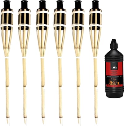 6x stuks Bamboe fakkels safe 60 cm - Inclusief 1 liter lampenolie/fakkelolie