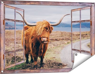 Gards Tuinposter Doorkijk Schotse Hooglander Koe op de Weg - 90x60 cm - Tuindoek - Tuindecoratie - Wanddecoratie buiten - Tuinschilderij