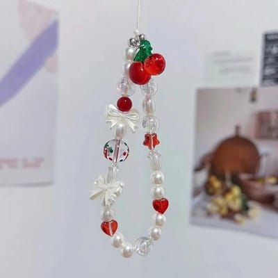 Jolie chaîne de téléphone avec nœud Cerise Rouge Perle Lanière Charme Bracelet de Poignet Cordon Suspendu Bracelet Pour Fille iPhone Corde Lanyard