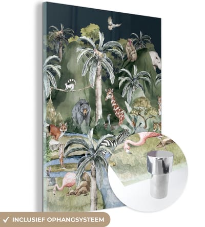 MuchoWow® Glasschilderij 120x160 cm - Schilderij acrylglas - Kinderen - Jungle - Natuur - Dieren - Planten - Foto op glas - Schilderijen