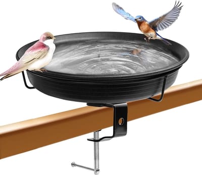 Famanu 11 inch op het dek gemonteerde vogelbad kom spa voor buiten, afneembare onverwarmde vogelbad kom en zware stevige klem, buiten tuin gemonteerde vogelvoeder voor het aantrekken van vogels, zwart