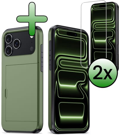 Hoes Geschikt voor iPhone 17 Pro / 18 Pro Hoesje Hard Case Met Pas Houder Met 2x Screenprotector - Hoesje Geschikt voor iPhone 17 Pro / 18 Pro Hoes Shockproof Hard Cover Met Kaarthouder - Donkergroen
