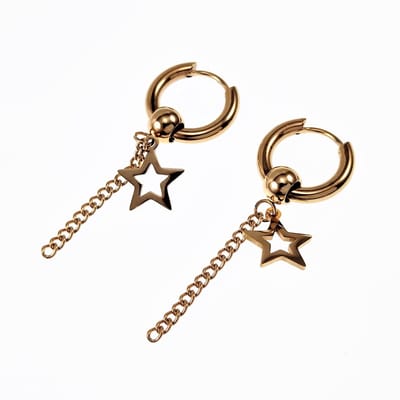 ∅15mm Oorringen Unisex - Stalen Goudkleur - Oorbellen met Ketting een Sterhanger