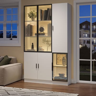 BLACKCOLORS 120*35*200 cm vitrinekast, glazen vitrinekast, deur van 200 cm hoog, glazen kast met LED-verlichting, MultiStorage-boekenkast voor verzameling, slaapkamer, woonkamer, kantoor, kast met glazen deur en aluminium frame