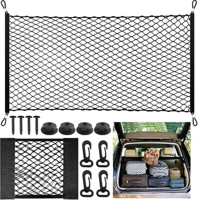 2-delige Bagagenet voor Auto, 110x60cm Uitrekbaar tot 140x100cm, Inclusief 30x25cm Netzak, Geschikt voor Camper met 4 Stalen Karabiners en 4 ABS Haken