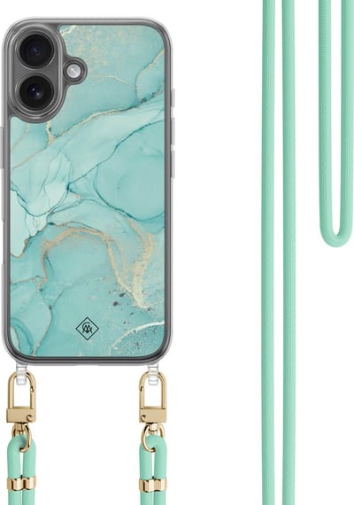 Casimoda® hoesje met koord - Geschikt voor iPhone 16 - Marmer mint groen - Afneembaar koord - TPU/polycarbonaat - Mint