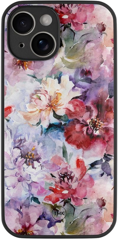 Hoesje geschikt voor Apple iPhone 14 - Bloemen acryl - Paars - TPU luxe case (glossy toplaag) - Bloemen - Hardcase backcover zwart
