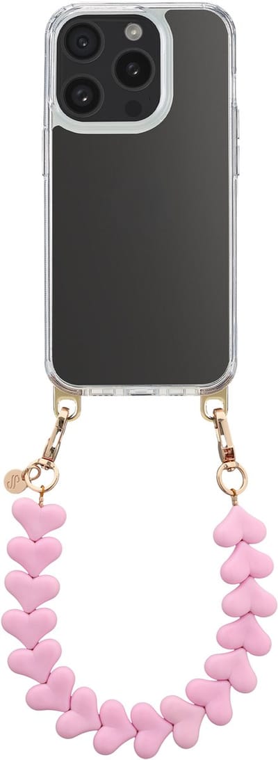 Selencia Transparant Hoesje met Haakjes inclusief Hartjes Polskoord - Geschikt voor Apple iPhone 15 Pro - Cotton Candy