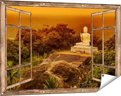 Gards Tuinposter Doorkijk Boeddha Beeld bij een Tempel in het Bos - 120x80 cm - Tuindoek - Tuindecoratie - Wanddecoratie buiten - Tuinschilderij
