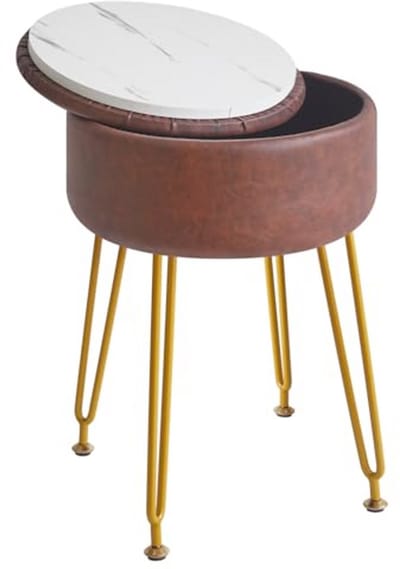Ronde Houten Voetenbank Met Opbergruimte | Make-up Kruk | PU Coating | Verstelbare Poten | Donkerbruin