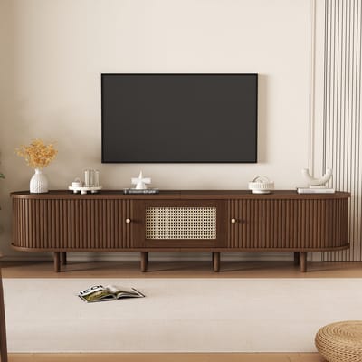 MODFU - Tv-Meubel - Ovale Vorm - Schuifdeuren En Lade - Retro - Woonkamer - MDF - Donker Walnoot - 180 X 40 X 40 Cm