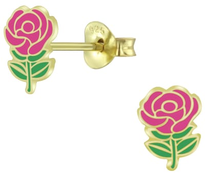 Joy|S - Zilveren bloem oorbellen - roze roosje - gold plated