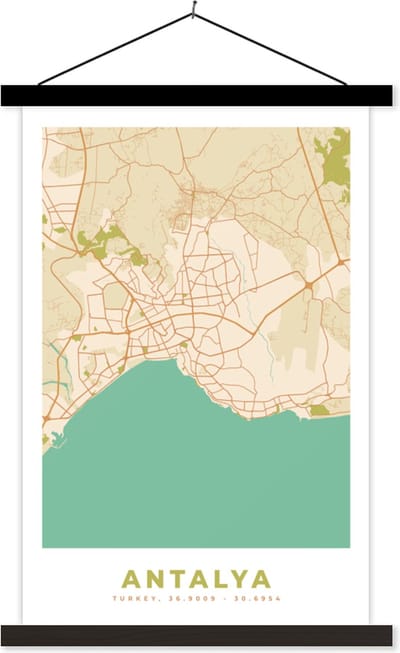 Posterhanger incl. Poster 40x60 cm - Schoolplaat - Antalya - Kaart - Stadskaart - Plattegrond - Vintage - Textielposter - Zwarte latten - Stadskaart
