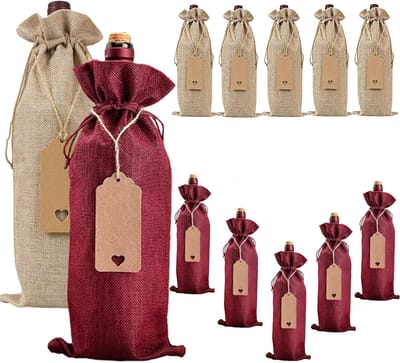 jute wijntassen met trekkoord, 12-pack wijnfles hoezen met labels en touwen, herbruikbare wijngeschenktassen voor feestartikelen (gemengd)